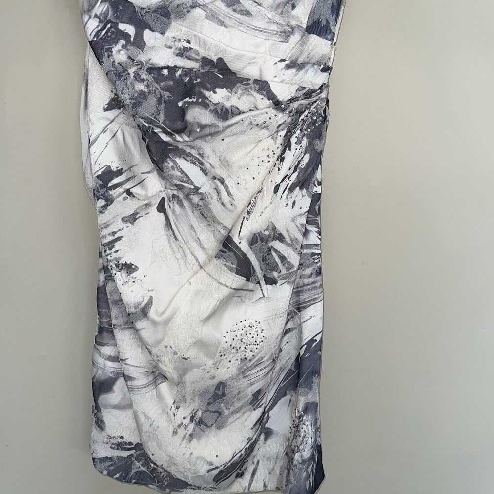 Theia Couture One Shoulder Ruched & Beaded Cocktail Dress Size 8 Ivory/Gray - Picture 7 of 10